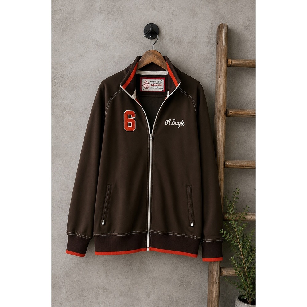 American Eagle Brown Varsity Track Jacket Retro Vintage Chainstitch XL Y2k‎ Prep